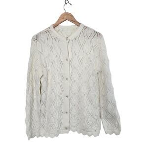 Vintage Knit Cardigan Womens Med White Cottage Button Neutral Sheer Granny Retro